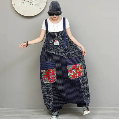 Unique Niche Women Cotton-linen Patchwork High-waist Overalls Large Pockets Sleeveless Jumpsuit LX6266