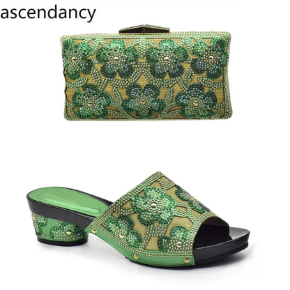 New Arrival Green Color Nigerian Shoes and Matching Bags Set Italian Ladies Shoes and Bags To Match Set Decorated with Rhinstone