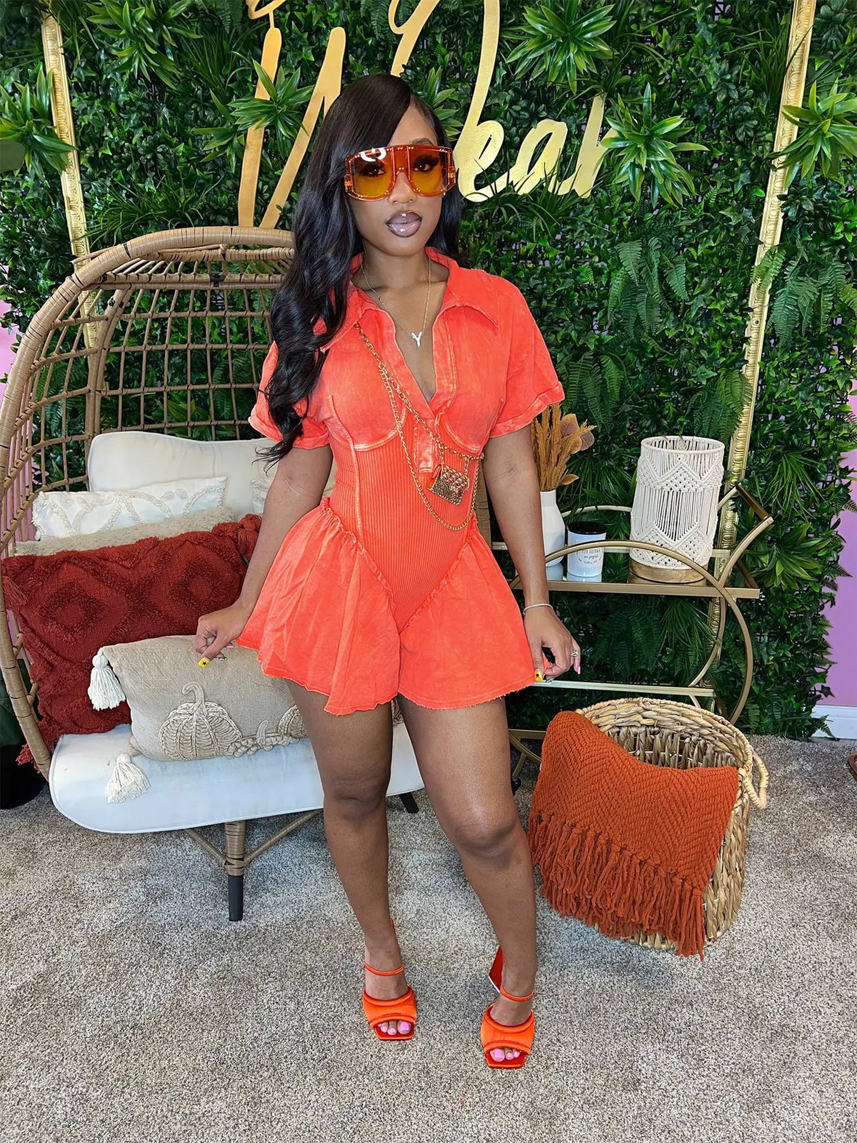 CM.YAYA Women Short Sleeve Washed V-neck Ruched High Waist Flare Short Jumpsuit Streetwear Chic One Piece Suit Romper Playsuit