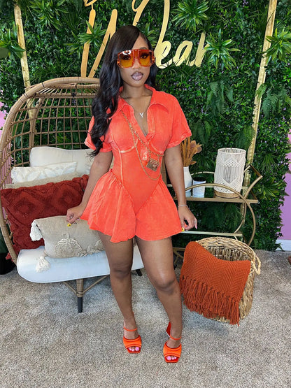 CM.YAYA Women Short Sleeve Washed V-neck Ruched High Waist Flare Short Jumpsuit Streetwear Chic One Piece Suit Romper Playsuit
