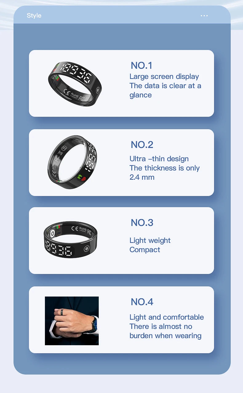 2026 New Smart Ring 5ATM Waterproof Bluetooth 5.1 Heart Rate Blood Oxygen Sleep Monitoring Men's and Women's Multi Sport Modes
