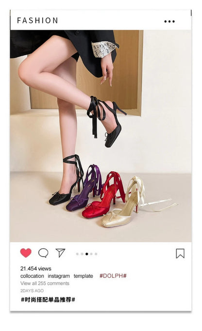 French Ballet Style Satin Closed Toe Mary Jane Pumps Lace Upper Multi-Layer Bow Cross Ankle Strap Thin Stiletto Elegant Wedding