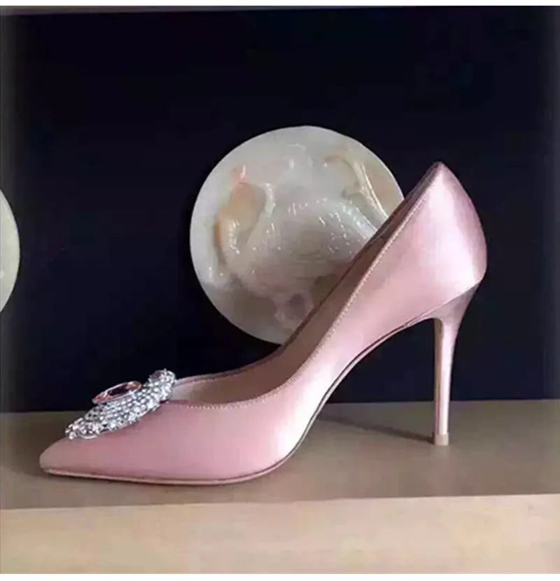 Luxury Diamond Crystal Satin Women Pumps Elegant Pointed toe Stiletto High heels Spring Autumn Fashion Wedding Banquet Shoes