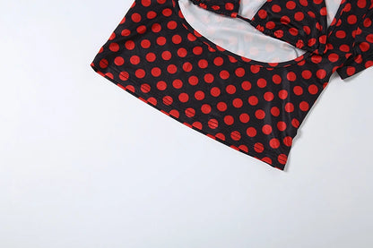 Sisterlinda Sexy Women Polka Dot Print 2 Piece Set Hollow Bandages Low-Neck Tank Top+Bike Short Street Party Vacation Suits