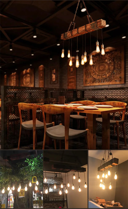 Retro Wood E27 LED Ceiling Lamp Antique Industrial Chandelier Lighting LOFT Bar luminaire Vintage Pendant Lights lustre