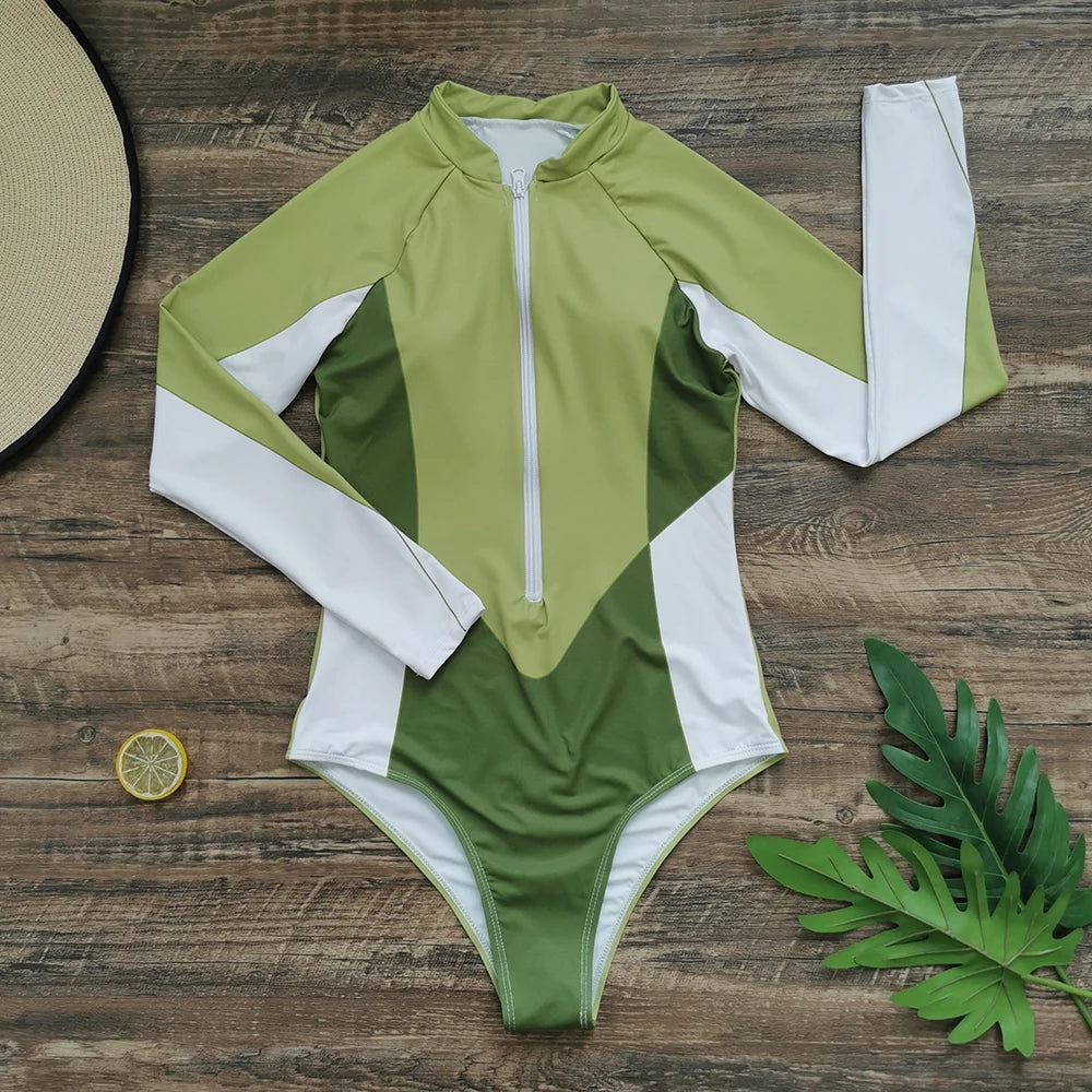 2026 Surfing Sport Swimsuit Long Sleeves Women One Piece Swimsuit  Swimwear Solid Monokini Bathing Suit Tropical Bodysuit Female