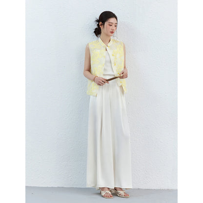 VIMLY Women's Vest 2026 Summer Casual Yellow Floral Embroidery Stand Collar New Chinese Style Sleeveless Jacket Ladies A5251