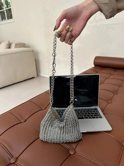Metallic Hauberk Shoulder Bag Woven Ring Tote Chain Mail Designer Purses and Handbags Handmade Hollow Crossbody Bags for Women