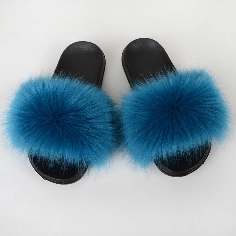 Women's Summer Faux Fur Fox Fur Slippers Fashion Luxury Indoor and Outdoor Non-Slip Solid Color Flat Bottom Furry Sandals