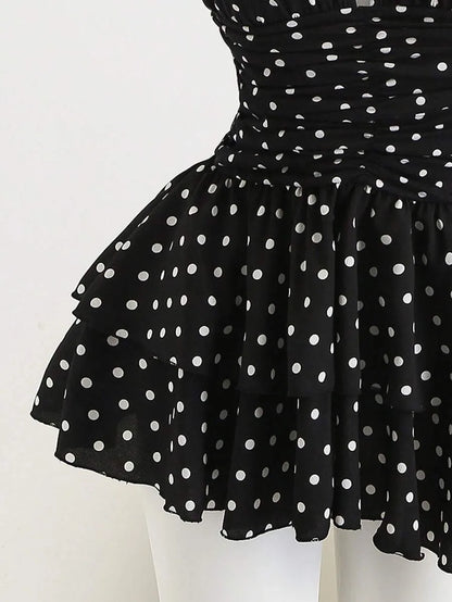 New Street Spicy Girl Digital Printed Design with Neck Hanging, Sleeveless Short, Thin Waist Cake Skirt