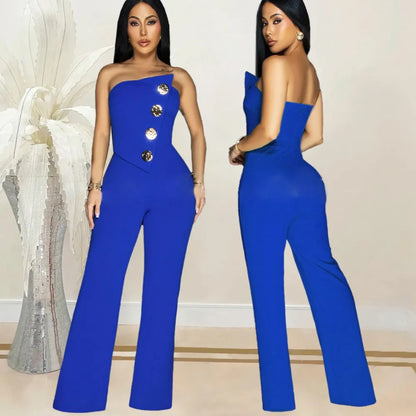 Sexy Backless Strapless Jumpsuit Summer Women Fashion Solid Button Sleeveless Slim Fit Wrap Hip Jumpsuits Elegant Office Romper