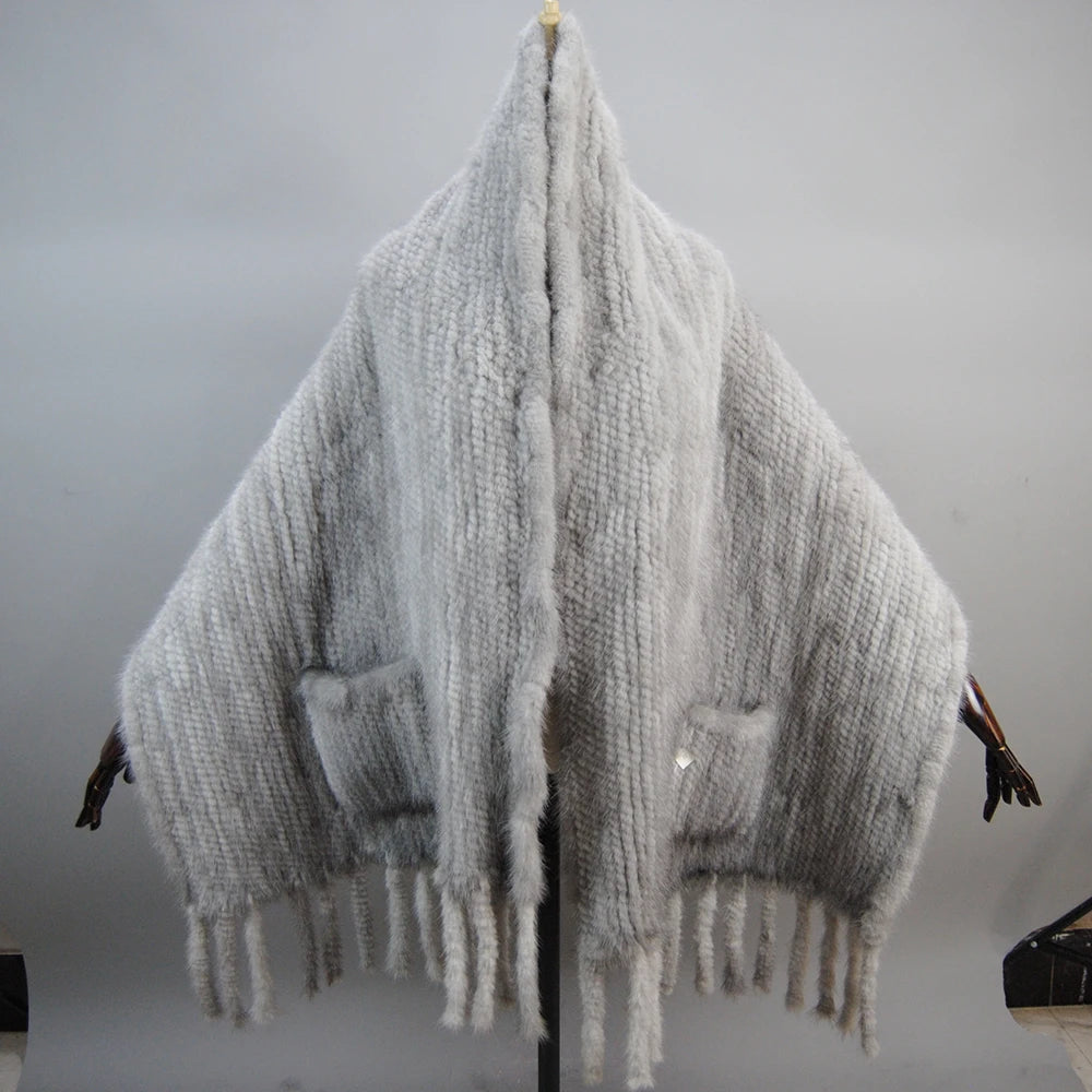 Hot Sale Women Winter Knitted Real Mink Fur Scarf Shawl Natural Warm Mink Fur Pashmina Lady Long Style 100% Genuine Fur Scarves