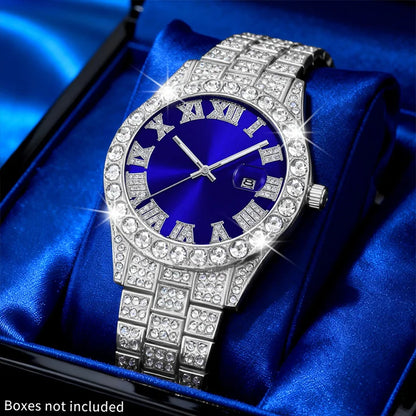 Men's Hip-Hop Watch Retro Quartz Watch, Oversized Rhinestone Dial and Durable Stainless Steel Strap, Suitable for Men