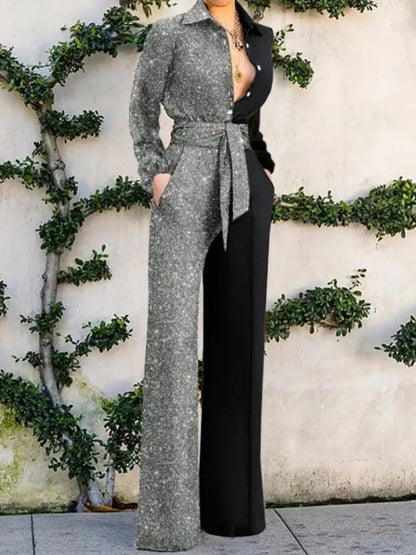 2026 New Women's Jumpsuit Fashion V-neck Sexy One-pieces Wide Leg Pants Party Shiny Elegant Rompers Ladies Chic Casual Bodysuits