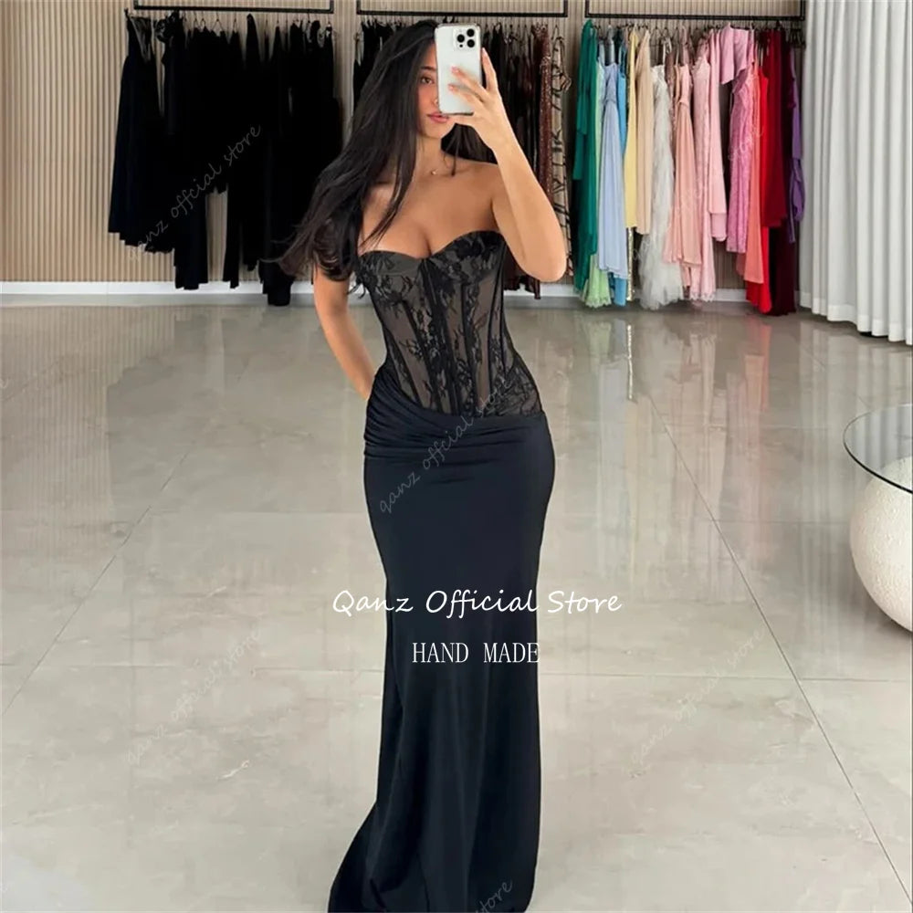 Qanz Black Chic Lace prom Dress Mermaid Sweetheart Formal Evening Gowns Backless Women Sleeveless Robes De Soirée Customized
