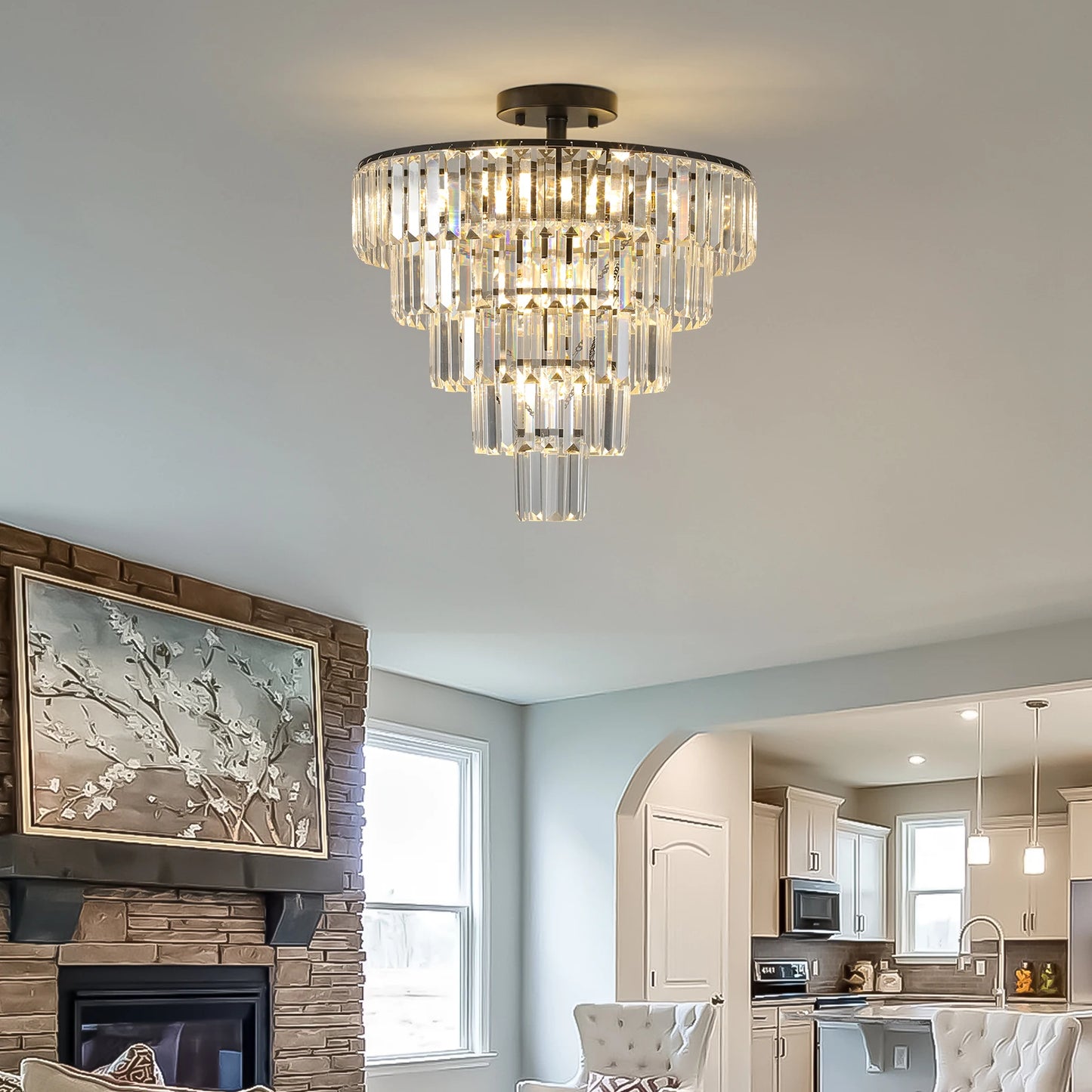 20" Black Crystal Chandelier Ceiling Light, Modern Luxury 10-Light Flush Mount Light Fixture, Elegant Home Lighting