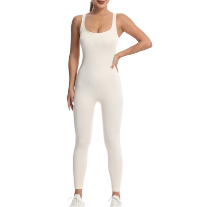 Women's Solid Color Threaded Vest Jumpsuit, Sports Fitness yoga Suit, Jumpsuit