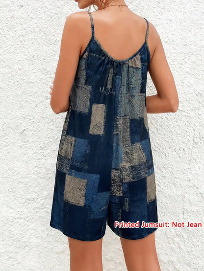 Women's Faux Denim Print Spaghetti Strap Romper Summer Casual Sleeveless V Neck Loose Short Jumpsuit With Pocket