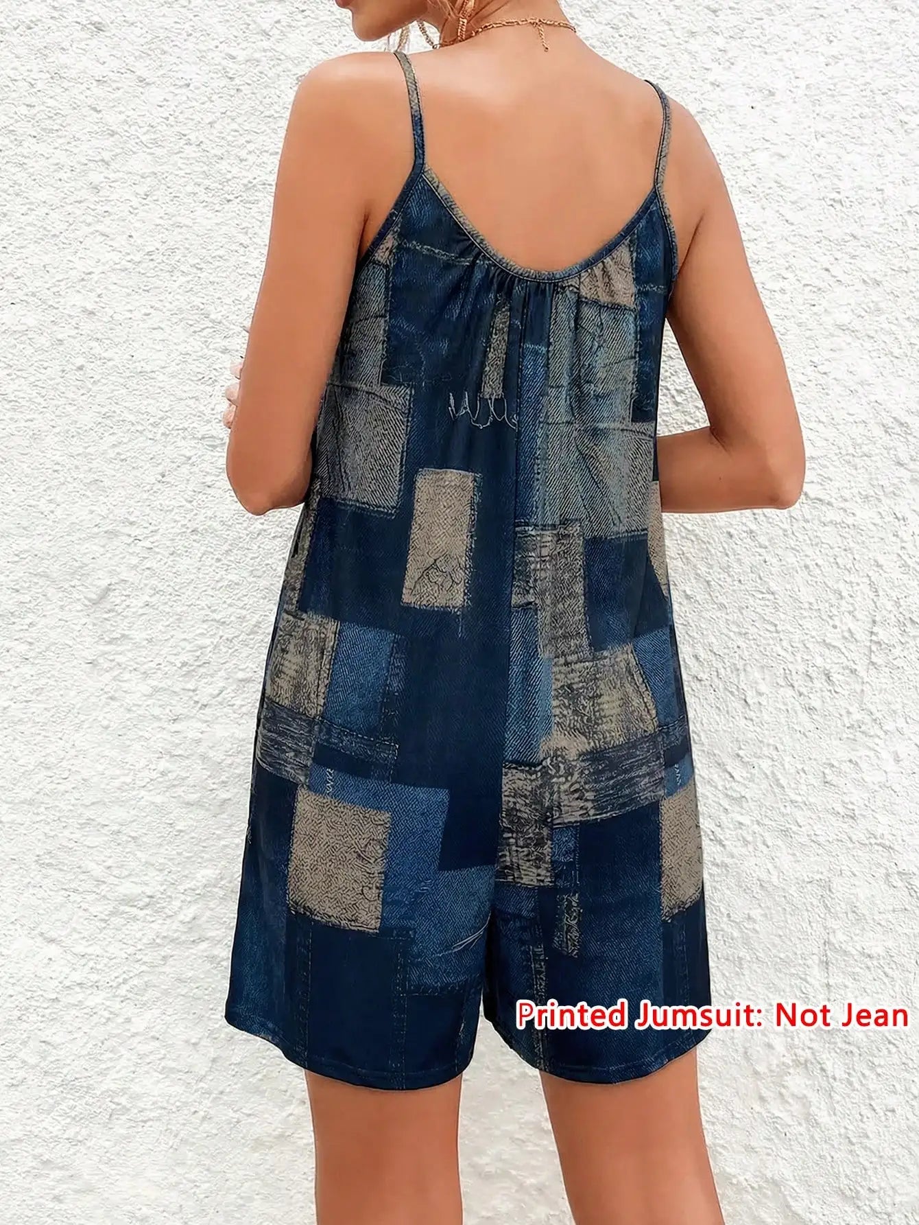 Women's Faux Denim Print Spaghetti Strap Romper Summer Casual Sleeveless V Neck Loose Short Jumpsuit With Pocket