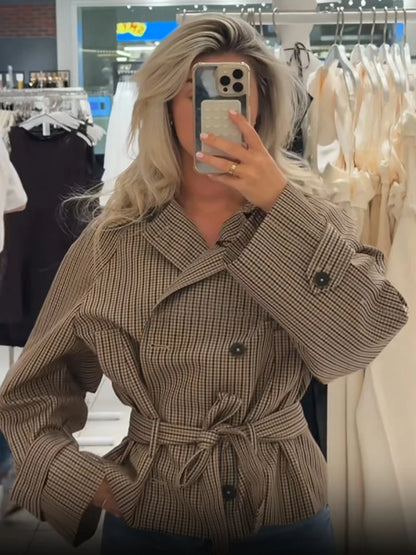 Trendy Plaid Cropped Trench Coat Women Chic Lapel Double Breasted Belted Waist Tie Long Sleeve Jacket Fall Windbreaker Outerwear