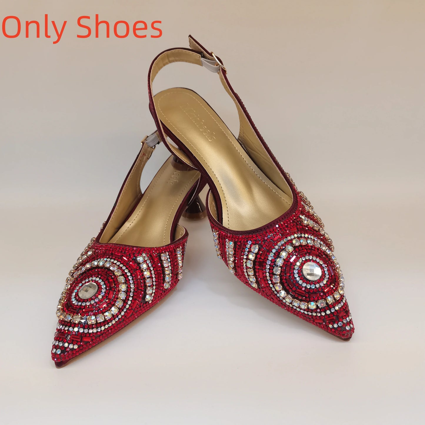 New Elegant Nigerian Women’s Gold Colour Heeled Shoes With Match Rhinestone Handbag Set Italian Design for Parties