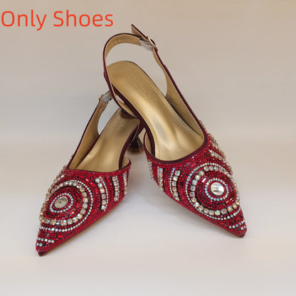 New Elegant Nigerian Women’s Gold Colour Heeled Shoes With Match Rhinestone Handbag Set Italian Design for Parties