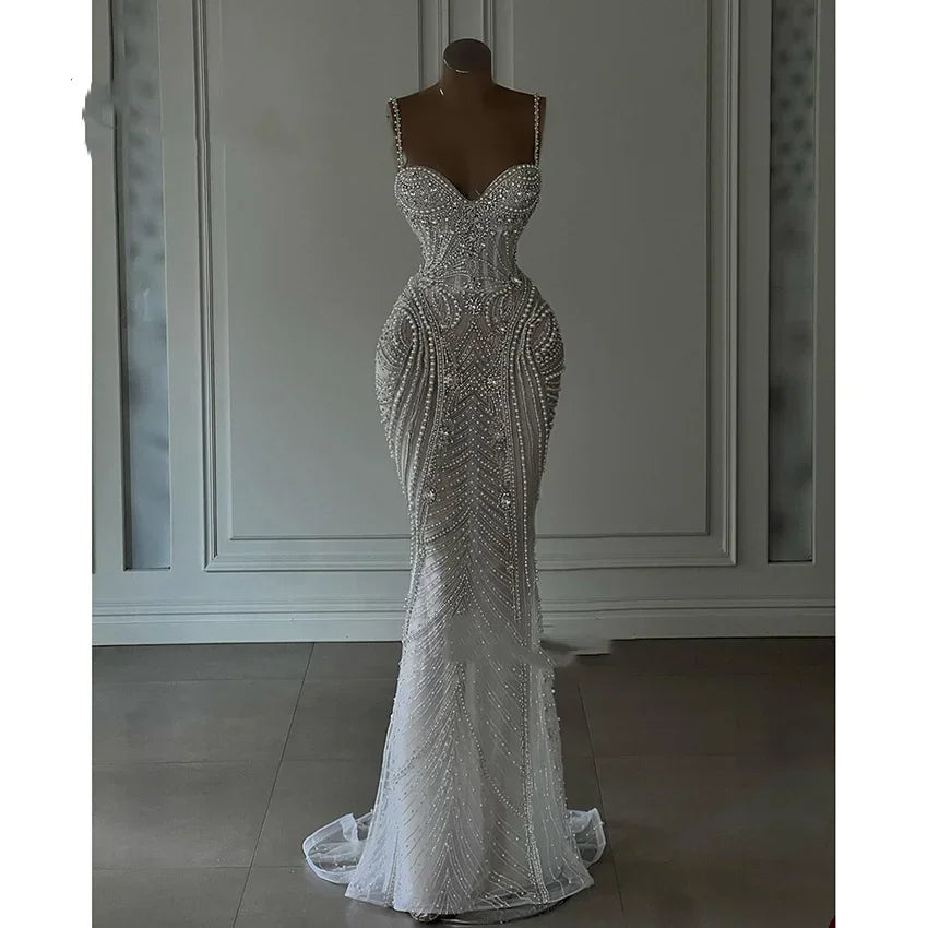 Customized Straps Dubai Luxury Sexy Mermaid Wedding Dresses Heavy Pearls Beading Ladies Bride Dresses Mermaid vestidos de novia