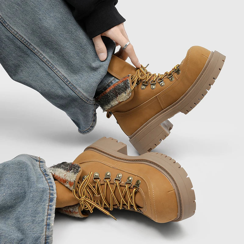 Men High Cut Thick Soled Motorcycle Boots with Trendy Round Toe Straps Comfortable Classic Business Leisure Commuting Men Boots