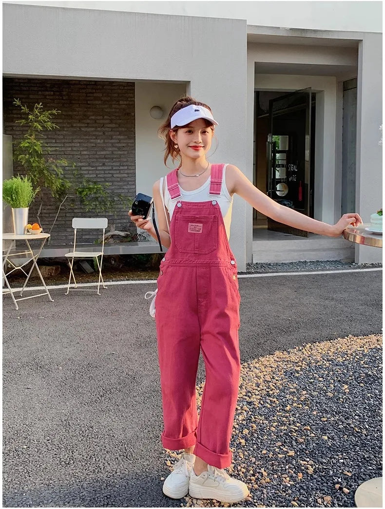 Vintage Pink Denim Overalls Adjustable Strap Wide Leg Jumpsuit Y2K Cute Campus Casual Pants