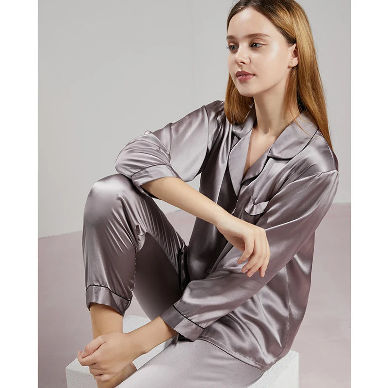 19MM 100% Mulberry Silk Pajamas Women Silk Sleepwear Lady Long-sleeved TrousersTwo-piece Spring Summer  Loose Sexy Home Clothes