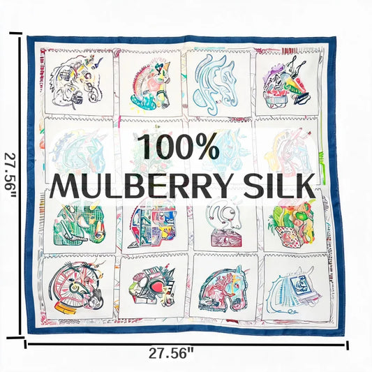 100% Mulberry Silk Square Scarf Horse Print Headscarf Bandana Neckerchief Neck Wrap Bag Accessory Fashion Foulard for Women