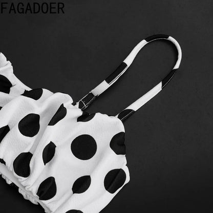 FAGADOER Retro Polka Dot Two Piece Sets Spaghetti Strap Ruched Crop Top + Bubble Puff Shorts Outfits Women Holidays Suits