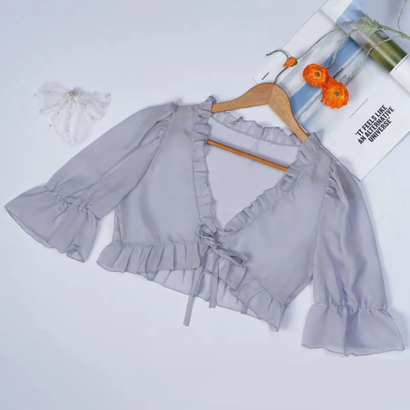 Spring, Summer, and Autumn Chiffon Lace Up Shirt, Shawl, Camisole, Thin Design, Sexy Solid Color, Loose Fit, Sweet Matching, Wed