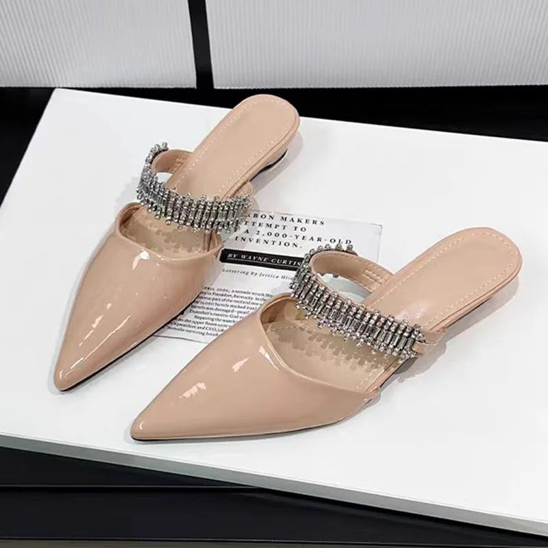 Luxury Crystal Women Slippers Pointed Toe Mules Shoes Elegant Heeled Sandals New Party Slingabck Flip Flops Elegant Mujer Shoes