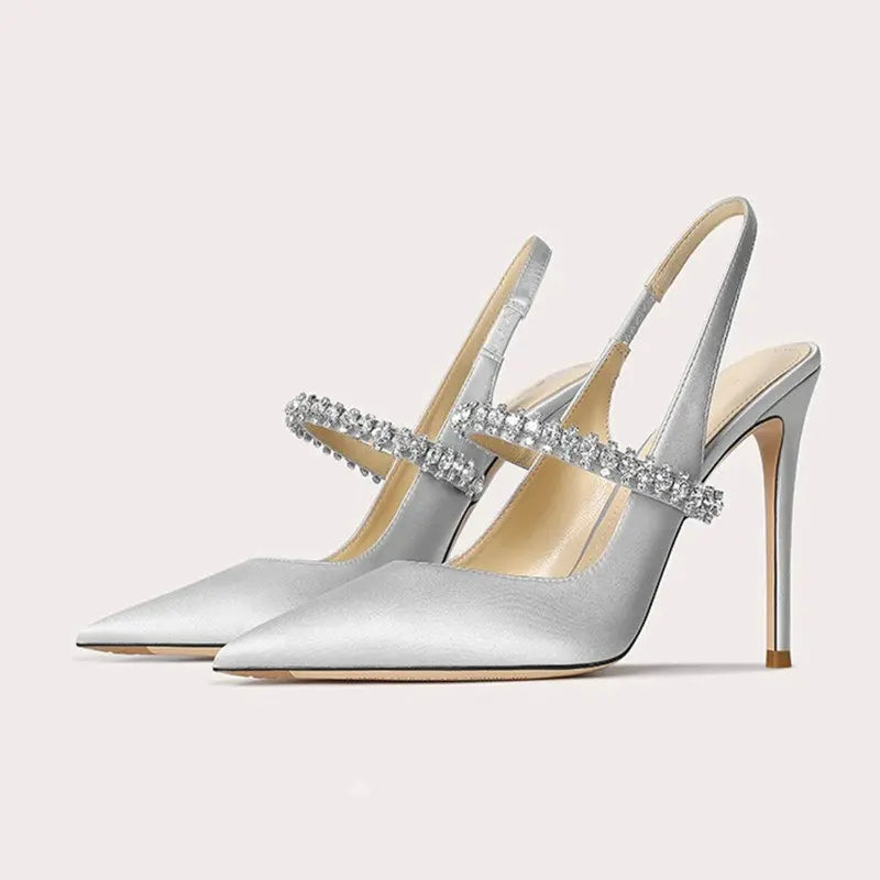 Luxury Rhinestone Pointed Toe Women Pumps Elegant Crystal Wedding Bridal Shoes Satin Silk Design Mules High Heels