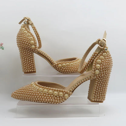 Champagne Pearl Wedding Bridal Shoes Woman Fashion Thin Heel Party Dress Shoe Lace-up Pointed Toe High Handmade Ankle Strap Shoe
