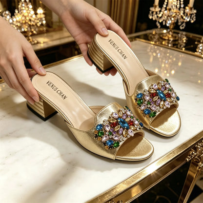 Women Luxury Multicolor Rhinestone Blue Heel Mules Black Satin Open Toe Slip On Sandals Elegant Wedding Evening Party Designer