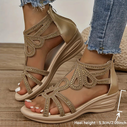Fashion Wedge Beach Casual Rhinestone Zip-Back Women's Sandals Crystal Upper Luxury Sandals Khaki Big Size 43 Footwear