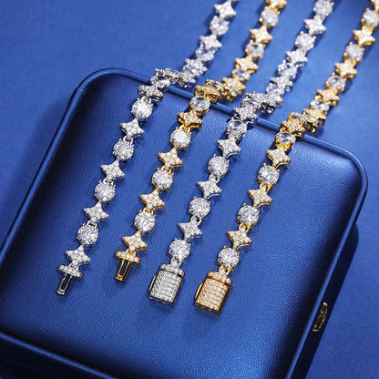 2pcs 925 Sterling Silver Star Round Cross Moissanite Tennis Chain Necklace For Women Men Couple Hip Hop Jewelry For Christmas