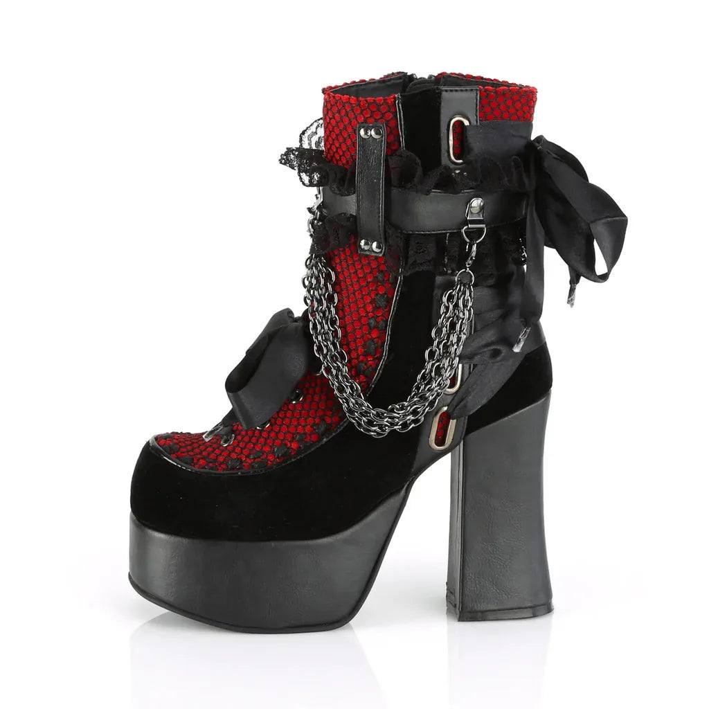 Gothic Style Chain Lace Up Bow Women Short Boots Retro Round Toe Square Heel Chunky Platform Ankle Boots Punk Ladies Party Shoes