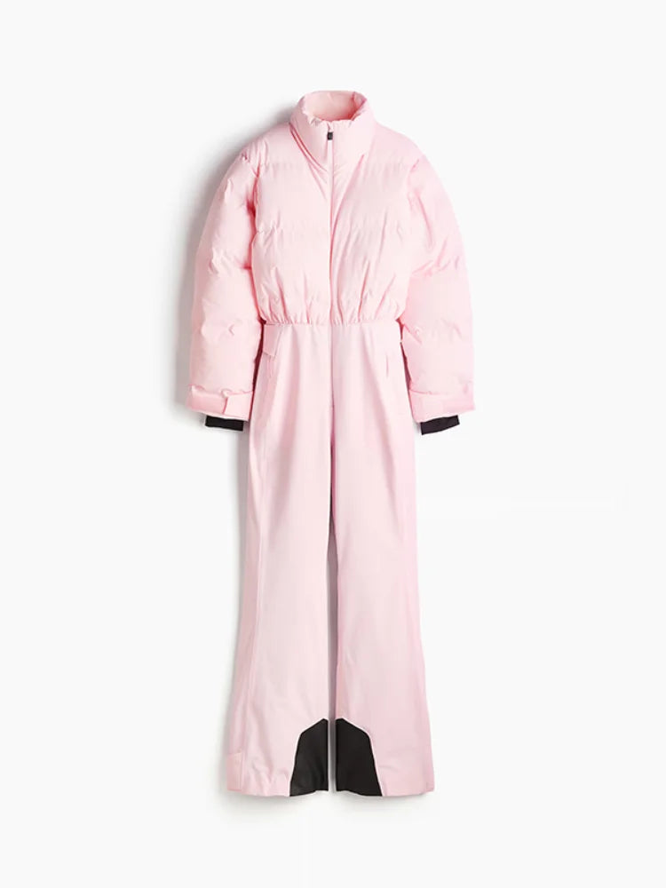 Fashion Hooded One-Piece Ski Jumpsuit Women Stand Collar Zipper High Waist Solid Windproof Outwear 2026 Winter Lady Skiwears New