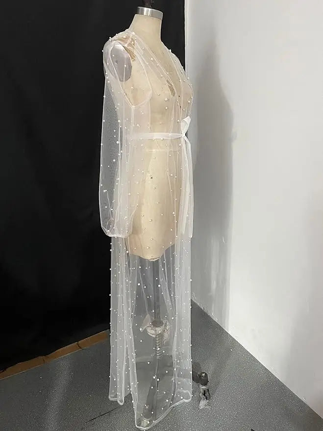Maternity Gown for Baby Shower Dressing Gown Perspective Sheer Skirt Long Tulle Bridal Robe Puffy Sleepwear for Women Nightwear