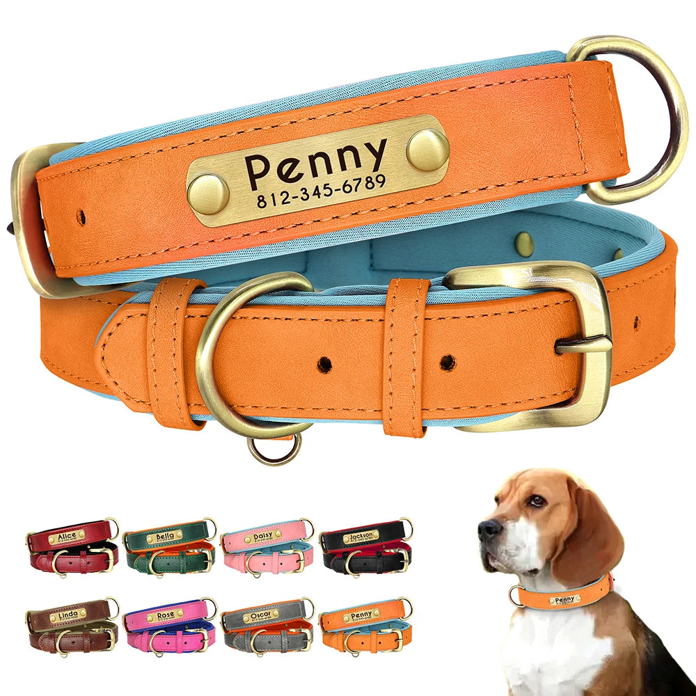 Personalized PU Leather Dog Collar Soft Padded Dog Collars Free Custom Pet ID Name Necklace for Small Medium Large Dogs Pitbull