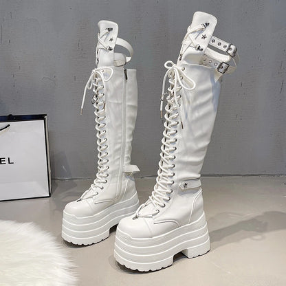 Super high heel high boots Spring and Autumn New round toe shallow mouth metal buckle platform non-slip thick heel boots