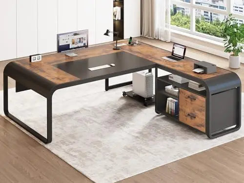 61" Executive L Shaped Desk with Drawer for Home Office,Rustic Brown | Executive Desk with Storage Shelves,Office Desk
