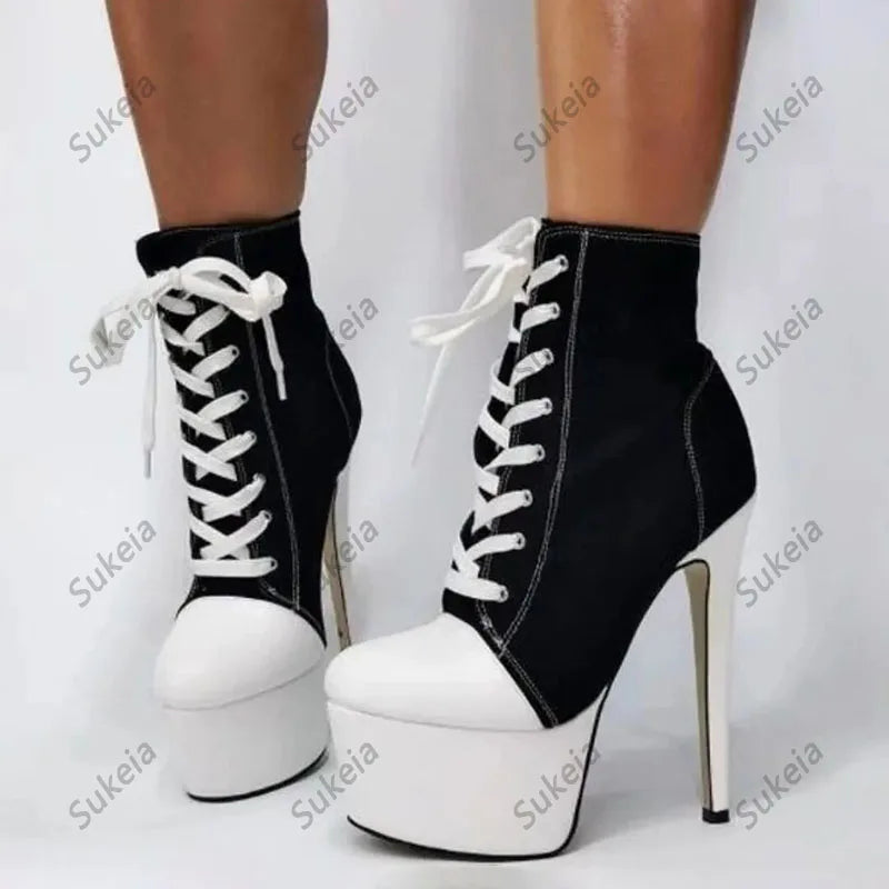 Sukeia Women Winter Ankle Boots Side Zipper Lace Up Round Toe Sexy Stiletto Heel Black Party Shoes Ladies US Size 5-20