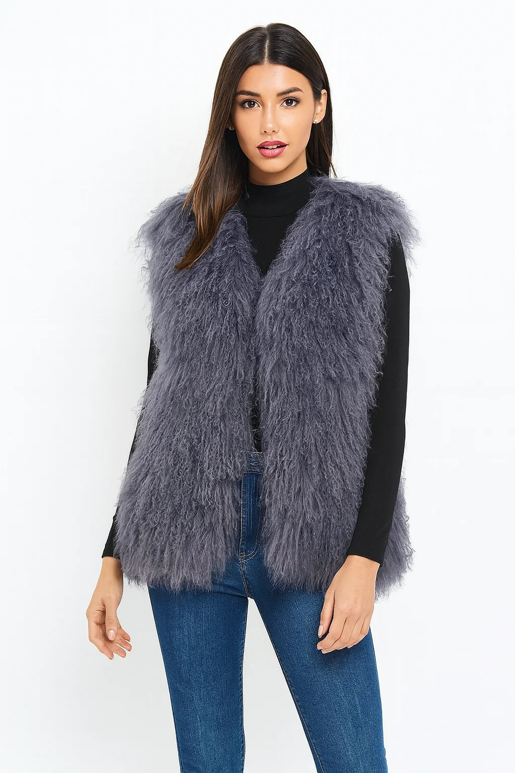 Lady Real Mongolian Sheep Fur Vest Thick Warm Winter Sleeveless Jacket Length 62 cm 250801