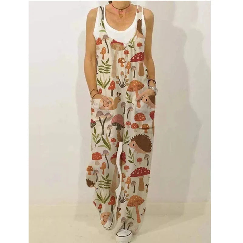Women's Sleeveless Jumpsuit 2022 Summer Boho Floral Wide Leg Long Pants Rompers Ladies Strap Plus Size Casual Loose Bib Trousers