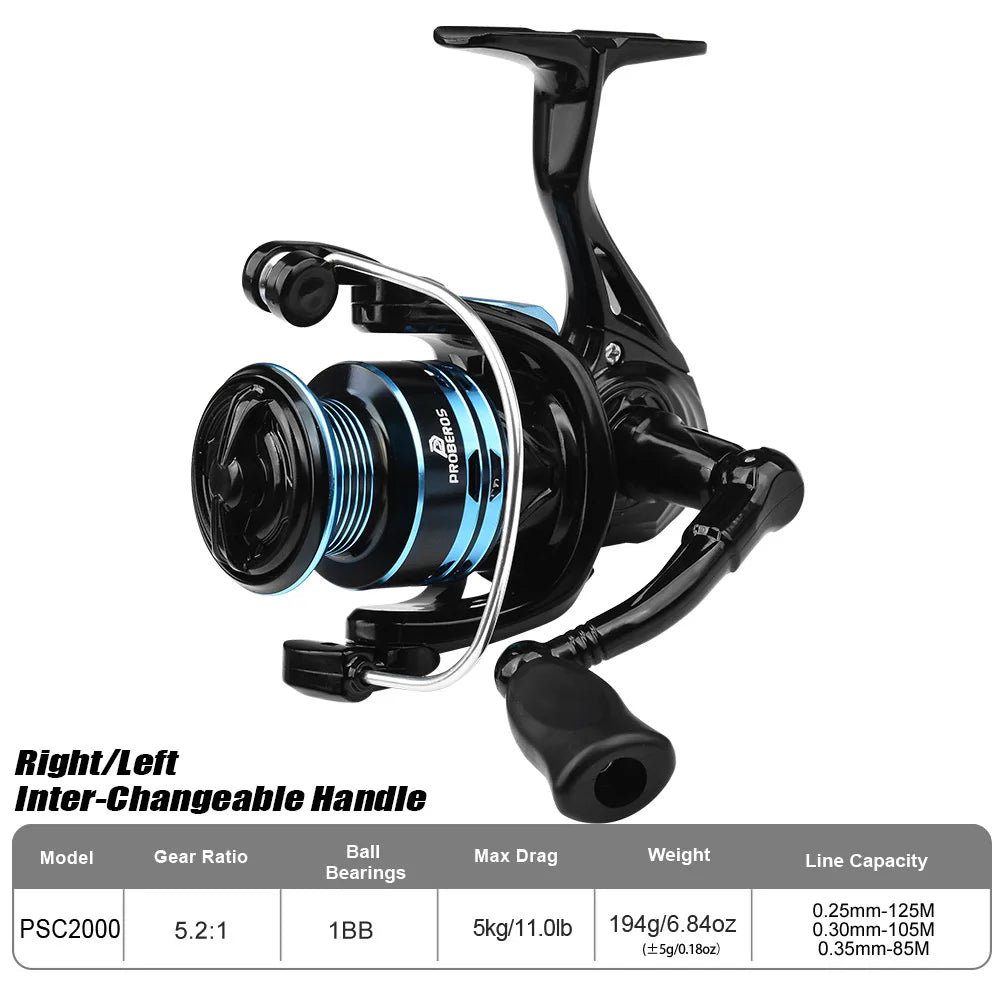 Ultralight Spinning Fishing Reel 2000 Size 5.2:1 1BB 5KG Max Drag Metal Spool Left Right Handle Saltwater Freshwater Lure Tackle