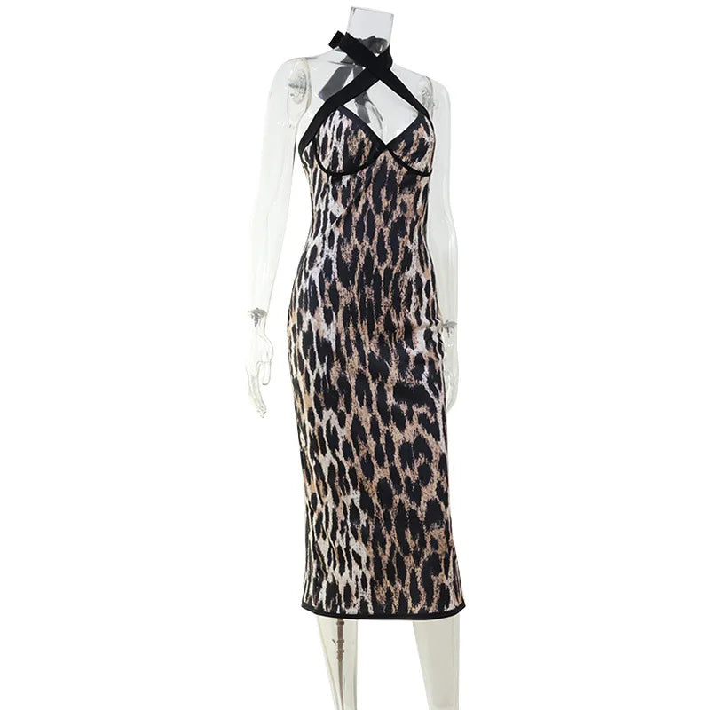 2026 Summer Fashion New Women's Elegant Design Leopard Pattern Dress Slimming Bag Hip Hanging Neck Hanging Long Dress